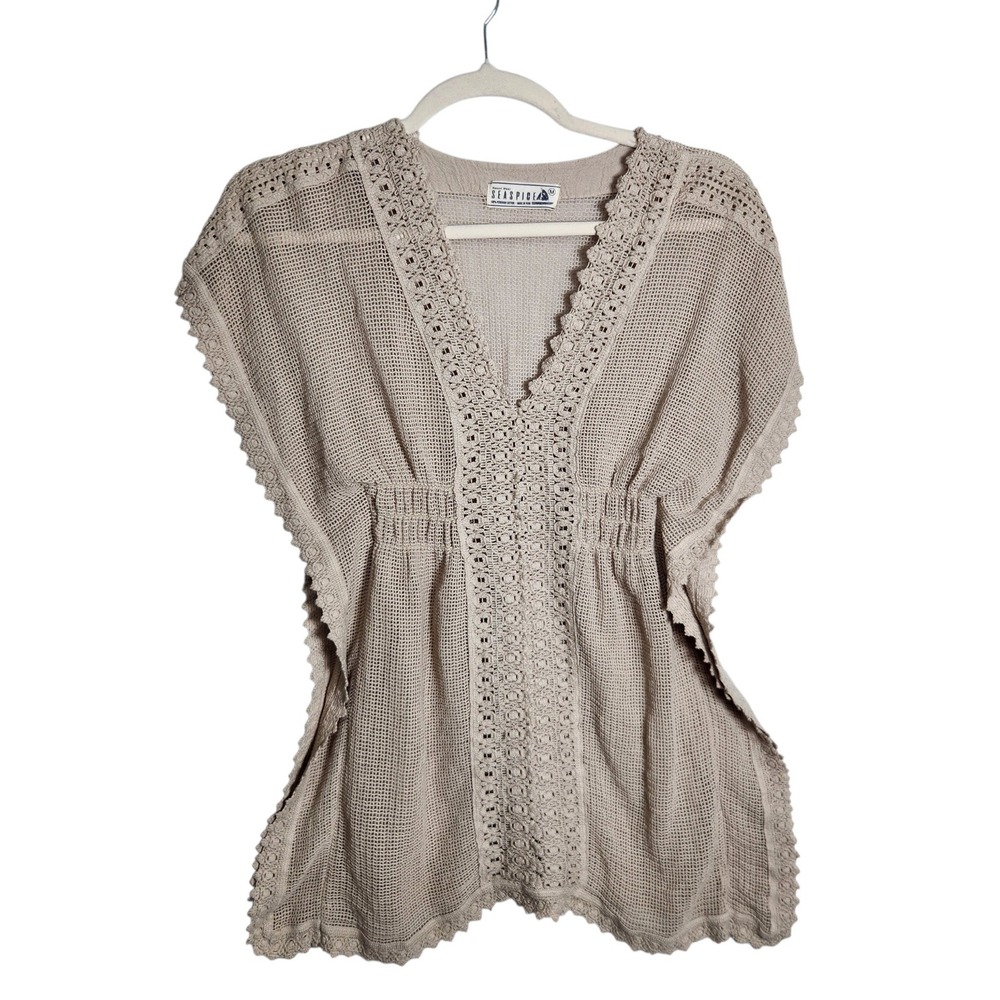 Seaspice Resort Wear Tan Crochet Mesh Cover Up Top 100% Peruvian Cotton Medium